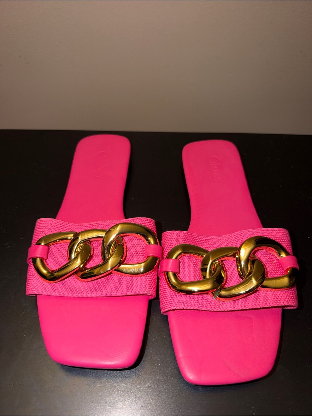 Hot Pink Slide Sandals with Gold Chain Accent